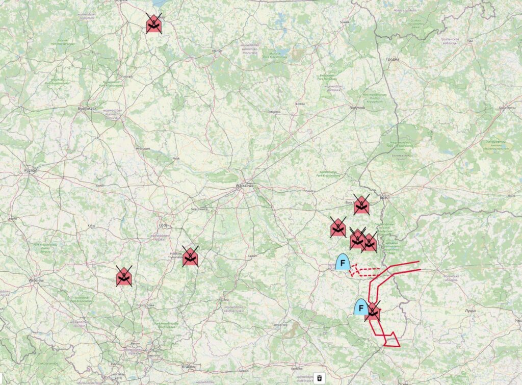 Karte aller Orte, an denen Polen russische Drohnen abgeschossen hat.