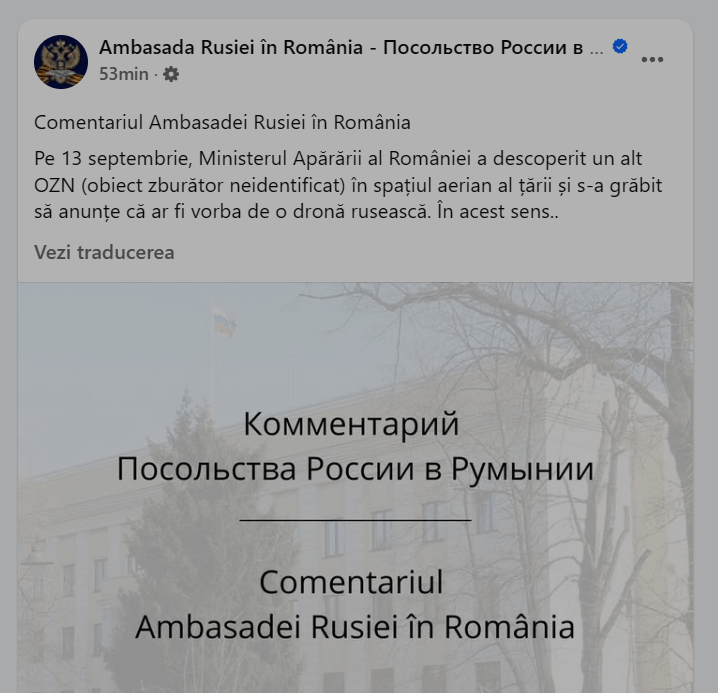 Die russische Botschaft besteht darauf, dass ein UFO, keine Drohne, gestern in Rumäniens Luftraum eingetreten ist (Übersetzung in Kommentaren)