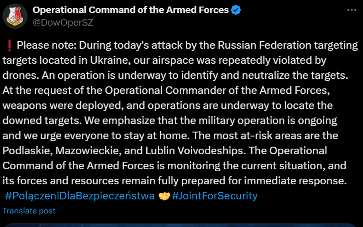 Gestern gingen mehrere russische Drohnen an der Grenze und betraten den polnischen Luftraum. Reaktion der Armee: Warnt die Bevölkerung und nimmt die Drohnen nieder.