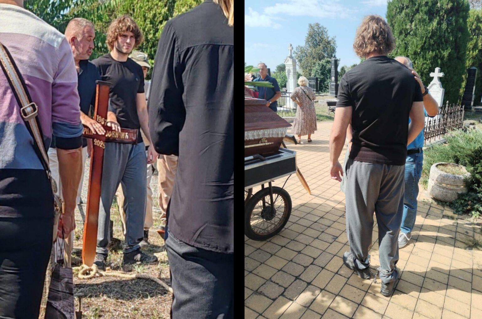 Der serbische Student Bogdan Jovičić, der zur Beerdigung des Vaters in Fesseln gebracht wurde und von 3 Polizisten begleitet wird