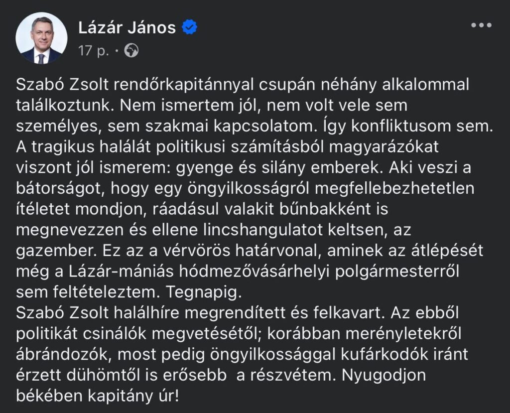 János Lázár: "Wer auch immer den Mut nimmt, ein unwiderlegbares Selbstmordurteil zu geben, jemanden als Sündenbock zu nennen und ihnen ein Leck zu geben."