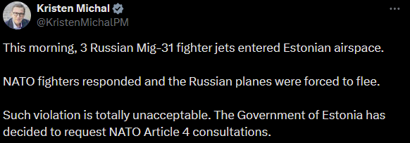 Estland vermittelt NATO (Artikel 4) Nach 3 russischen MIG-31-Kampfflugzeugen haben heute Morgen den Estland-Luftraum eingetreten
