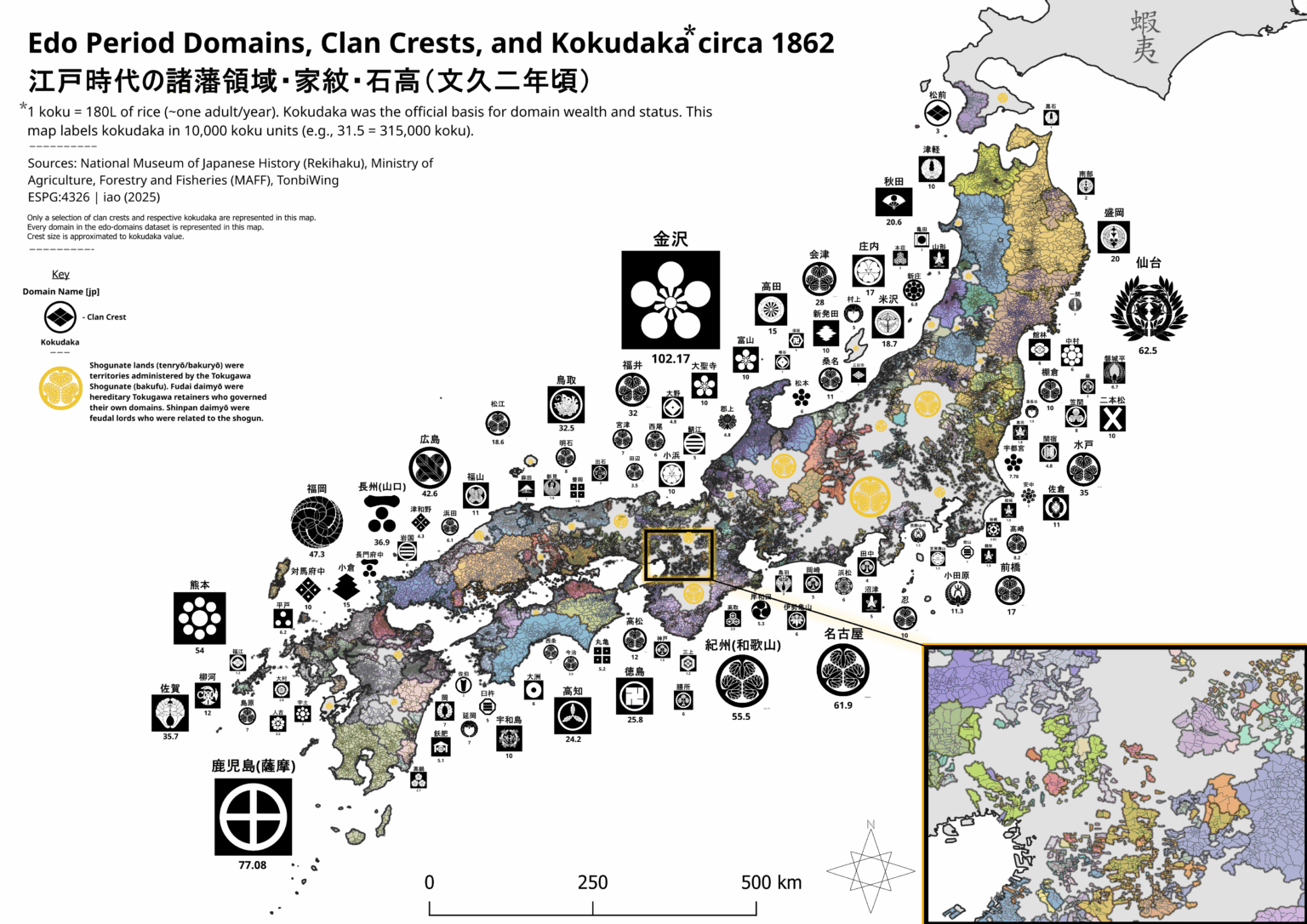 Edo -Domänen, Clankämme und Kokudaka in ~ 1862 Japan [OC]