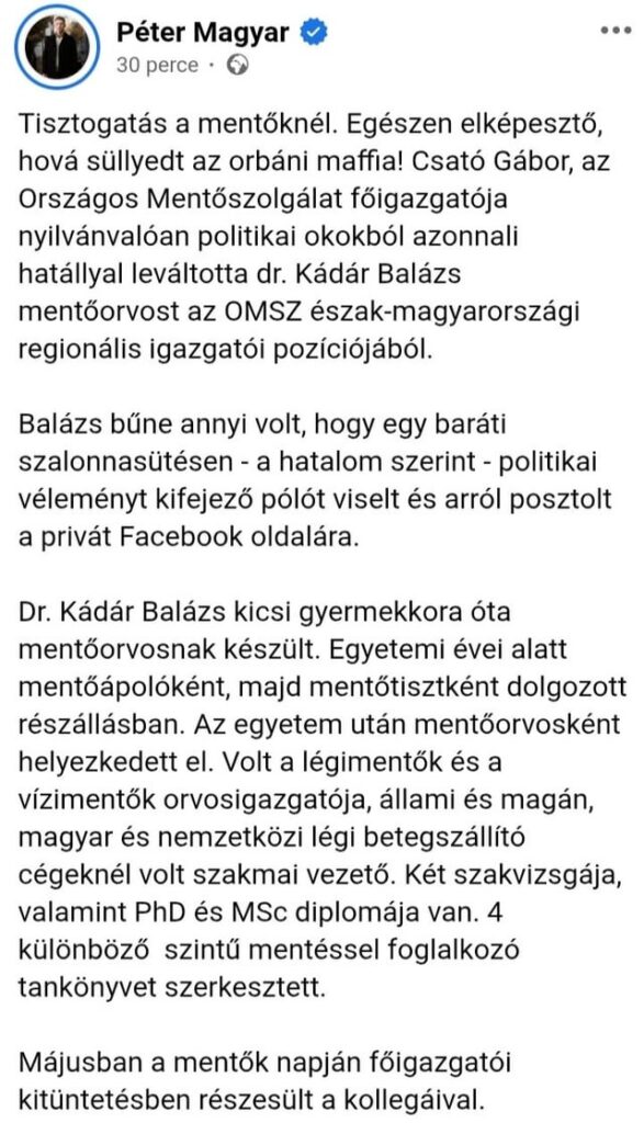 Péter Magyar: "Der Generaldirektor des Nationalen Ambulanzdienstes ersetzte offensichtlich Dr. Balázs Kádár Ambulance Doctor aus politischen Gründen."