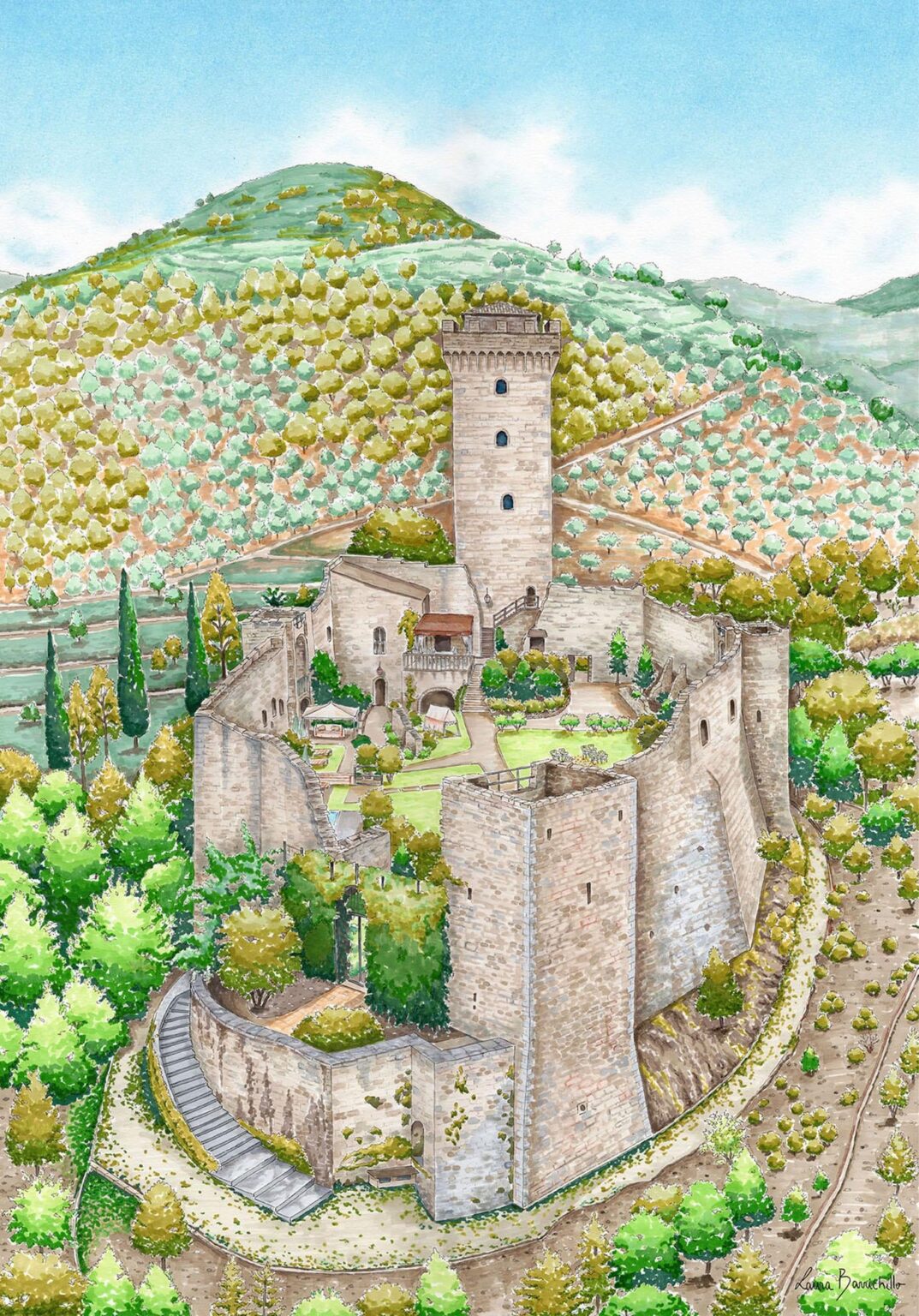 Ich zog von Hand (mit Markerstiften und farbigen Stiften) die im 14. Jahrhundert erbaute La Rocca dei Trinci Ancient Festung, die sich auf einem majestätischen Hügel in Capodacqua di Foligno/Italien befindet (16,5x23 -Zoll -Größe)! Hoffe es gefällt dir! :)