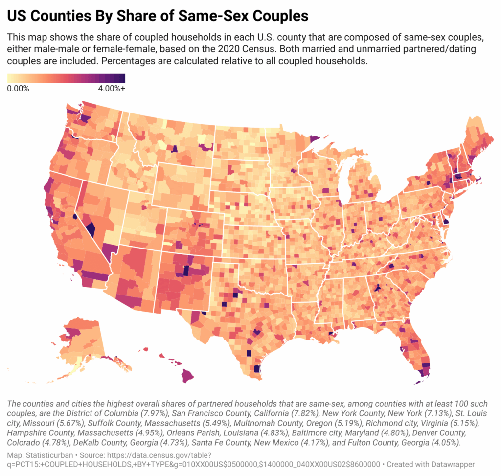 [OC] Schwule und lesbische Paare in den USA, von der Grafschaft abgebildet
