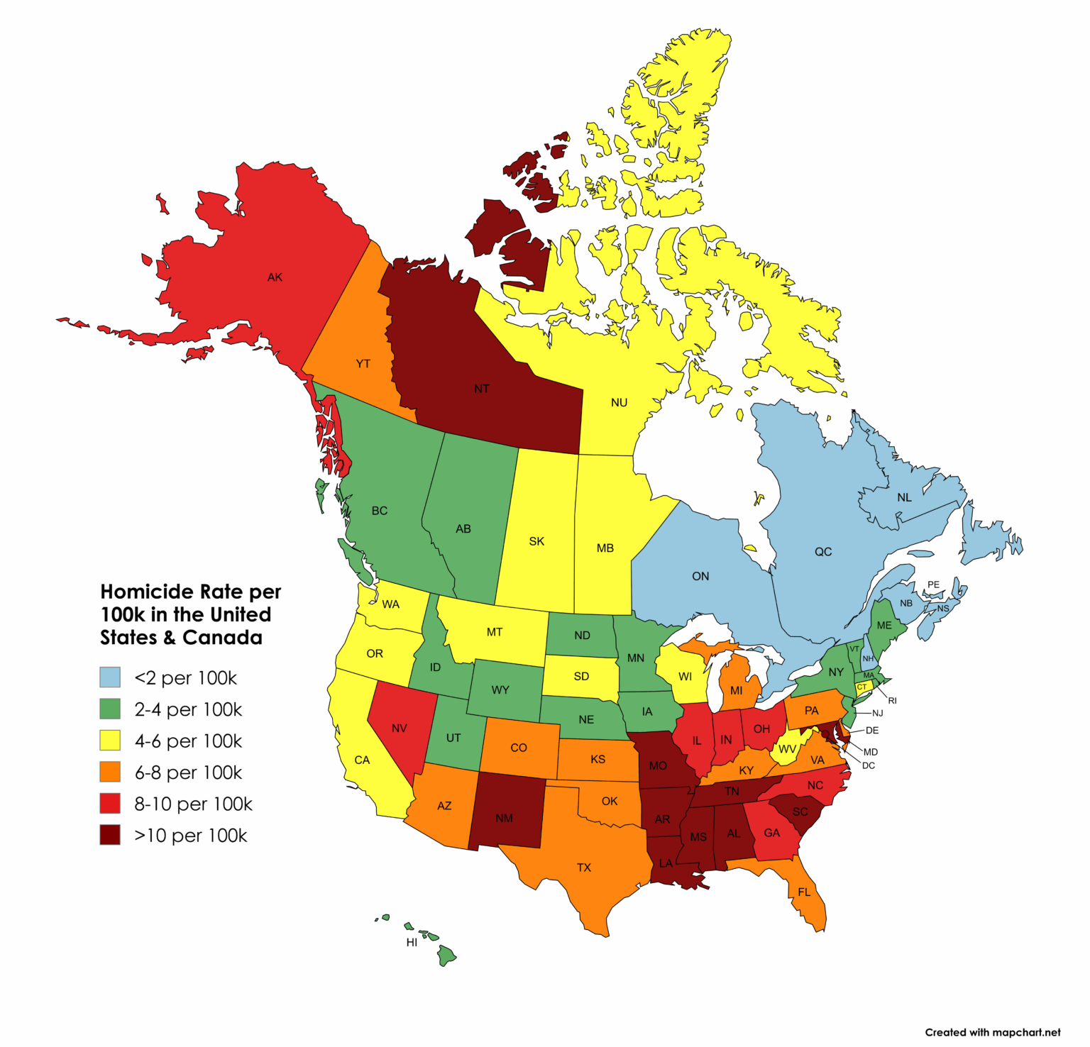 Mordrate pro 100.000 in den USA und Kanada [OC]
