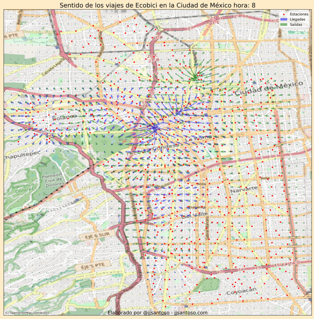 [OC] Wohin gehen die Fahrräder? Kartierung des täglichen Pulses des öffentlichen Fahrradanteils in Mexiko -Stadt