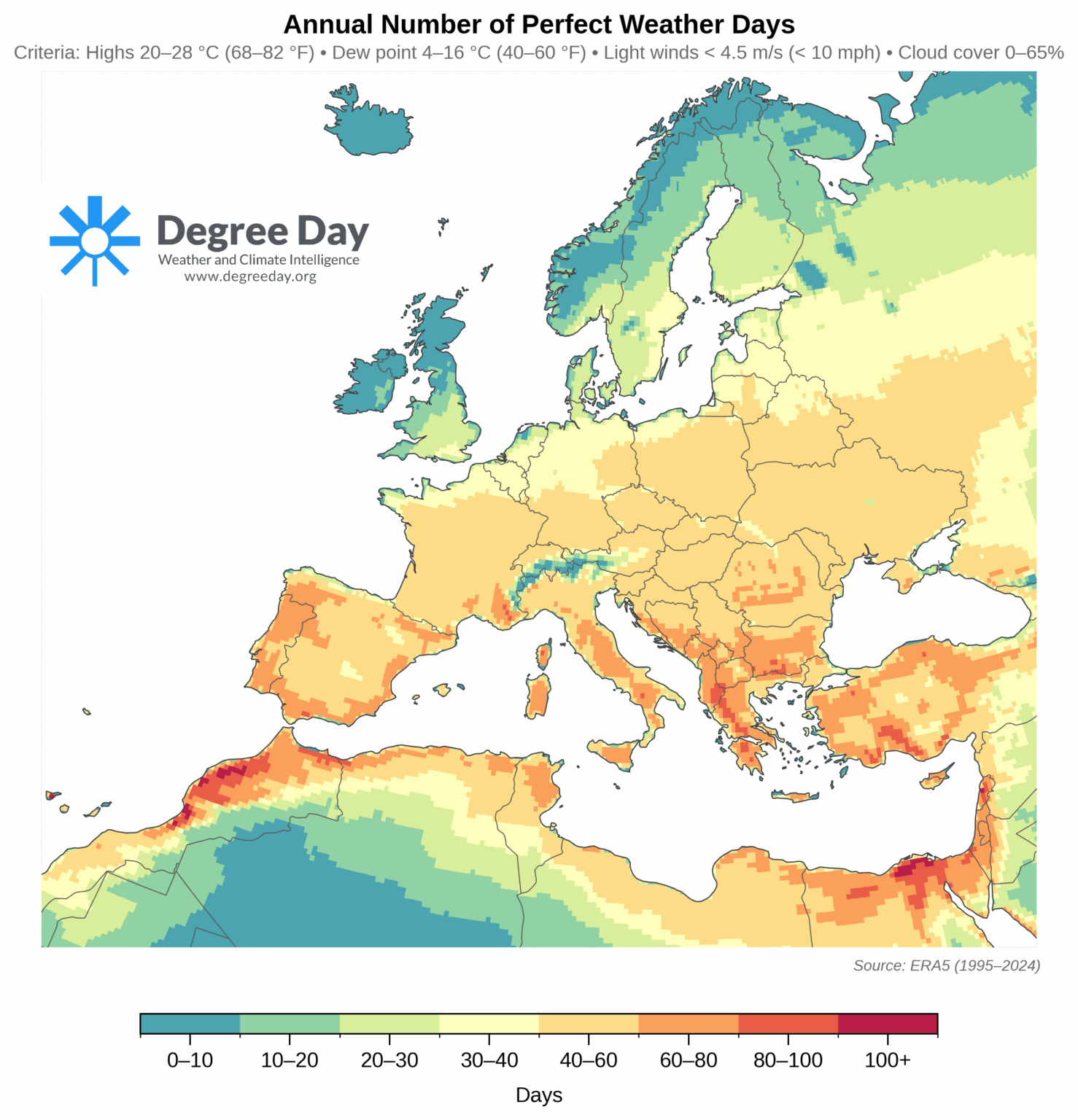 Jährliche Anzahl perfekter Wettertage - Europa und Mittelmeer [OC]