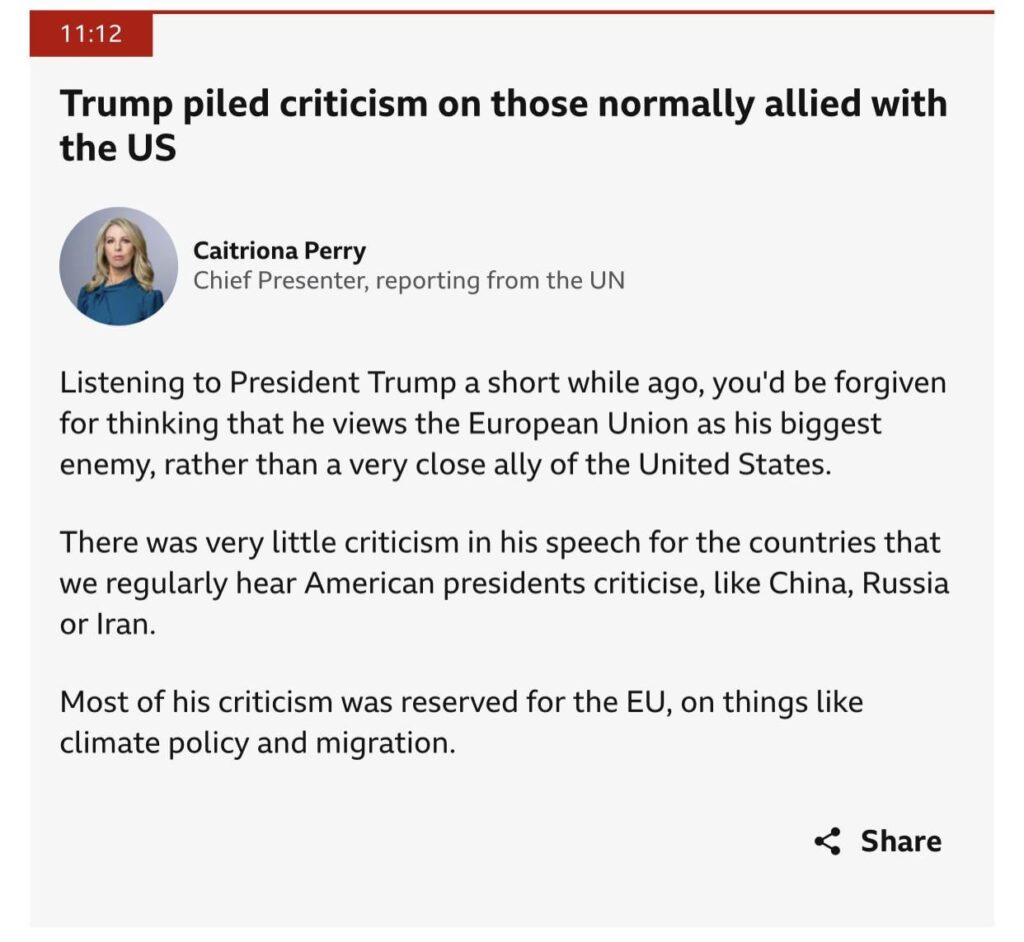 Die Analyse der UN -Rede des US -Präsidenten von BBC Live bestätigt, dass er die EU viele wie ein US -Feind angriff