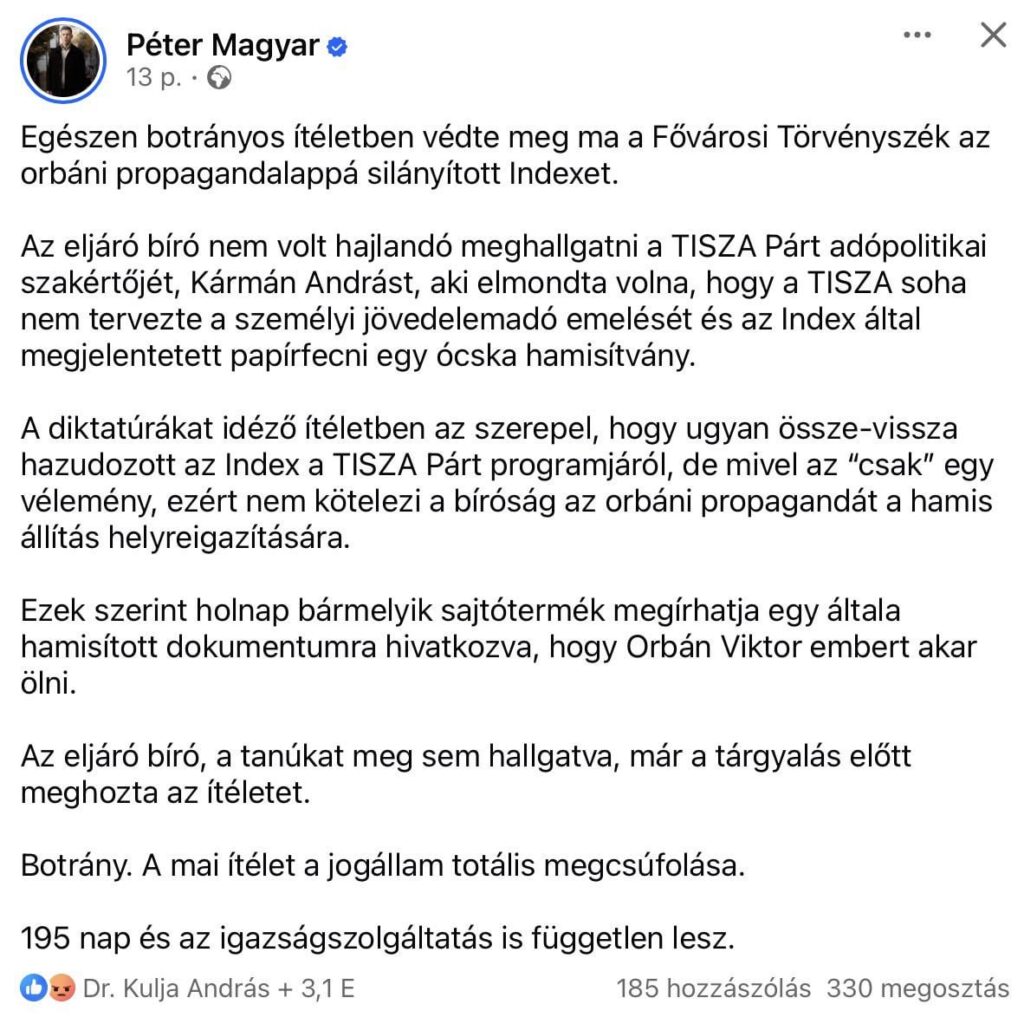 Péter Magyar: "Der amtierende Richter, ohne den Zeugen zu hören, feierte das Urteil vor dem Prozess"