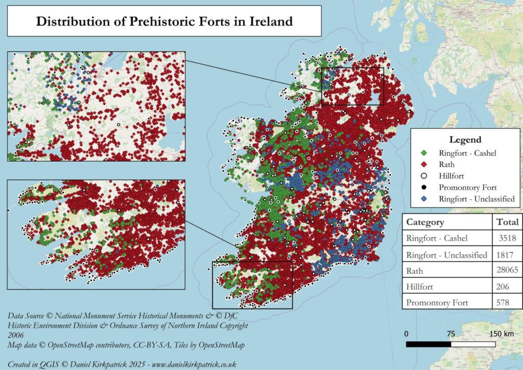 [OC] Verteilung prähistorischer Forts in Irland