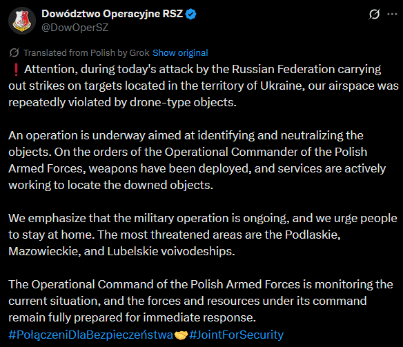 Polen bestätigt offiziell, dass es mehrere russische Drohnen verabschiedet und abgeschossen hat, die heute Abend den polnischen Luftraum betraten