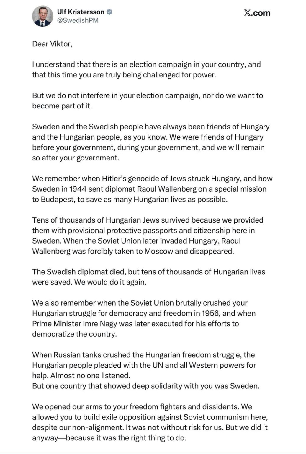 Eine öffentliche Botschaft des Schwedens, Ulf Kristerssson, an Viktor Orbán, den Ungarn -Premierminister.