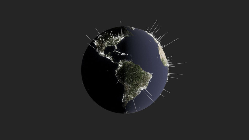 OC: Weltstädte in 3D -Balkendiagrammform, skaliert nach Bevölkerung