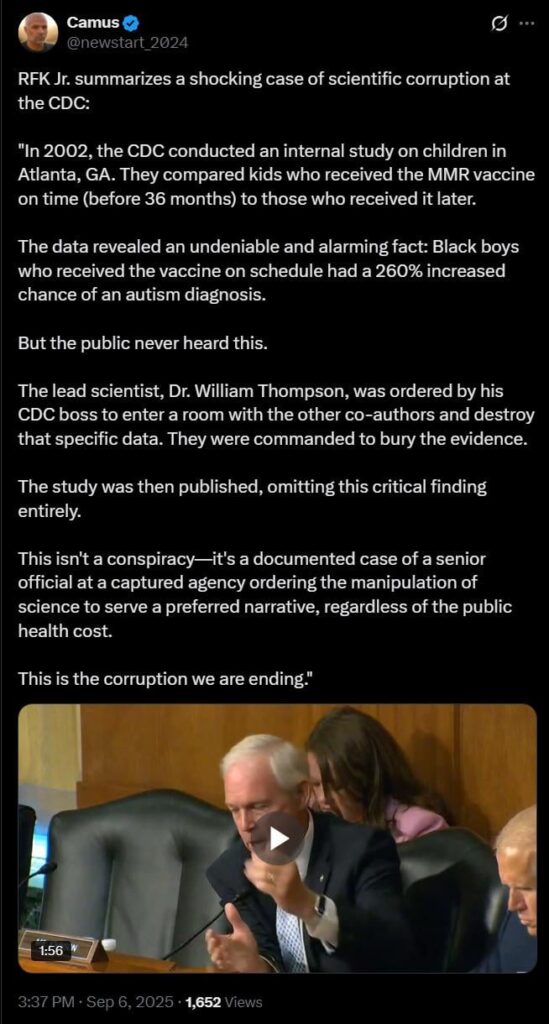 RFK – CDC hatte harte Daten, die einen frühen MMR -Vax beweisen, erhöhte Autismus um 260% und entschied sich, sie zu begraben, um die Erzählung aufrechtzuerhalten. Endlich wird es in Akten gesagt … RFK - CDC hatte harte Daten, die einen frühen MMR -Vax beweisen, erhöhte Autismus um 260% und entschied sich, sie zu begraben, um die Erzählung aufrechtzuerhalten. Endlich wird es in Akten gesagt ...