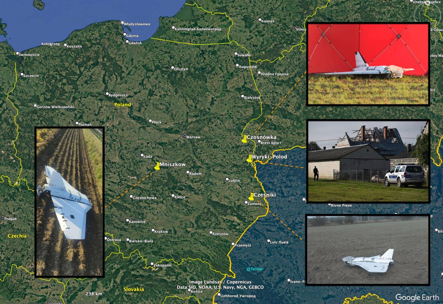 Standorte, an denen 4 verschiedene UAVs aus dem 20+ abgestürzt sind, der den polnischen Luftraum überquerte