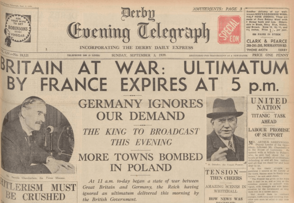 3. September 1939. Großbritannien und Frankreich erklärten Deutschland zwei Tage nachdem Deutschland in Polen eingedrungen war, und begann offiziell den Zweiten Weltkrieg in Europa.