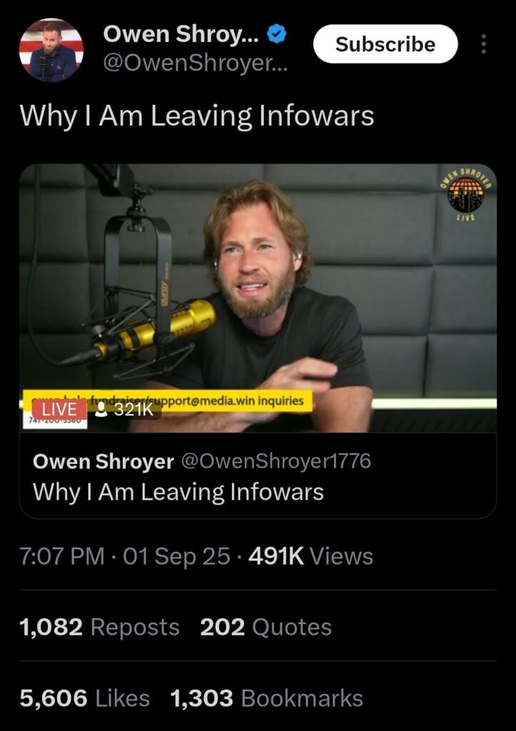 Wow. Owen Shroyer ist nach fast 10 Jahren bei Infowars unterwegs. Anscheinend sagte Alex Jones, er sei ein Weg zu Anti-Trump und das wird er nicht gebraucht. Owen rief auch Israel und jüdische Milliardäre und ihren Einfluss auf die amerikanische Regierung aus. Wow. Owen Shroyer ist nach fast 10 Jahren bei Infowars unterwegs. Anscheinend sagte Alex Jones, er sei ein Weg zu Anti-Trump und das wird er nicht gebraucht. Owen rief auch Israel und jüdische Milliardäre und ihren Einfluss auf die amerikanische Regierung aus.