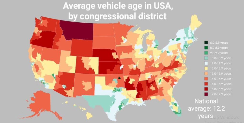 Durchschnittliches Fahrzeugalter in den USA durch den Kongressbezirk [OC]