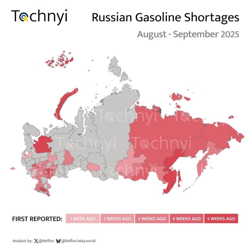 Aktualisierte Karte der Regionen Russlands, in denen Benzin oder Dieselmangel vorliegt und wie früh es zum ersten Mal berichtet wurde.