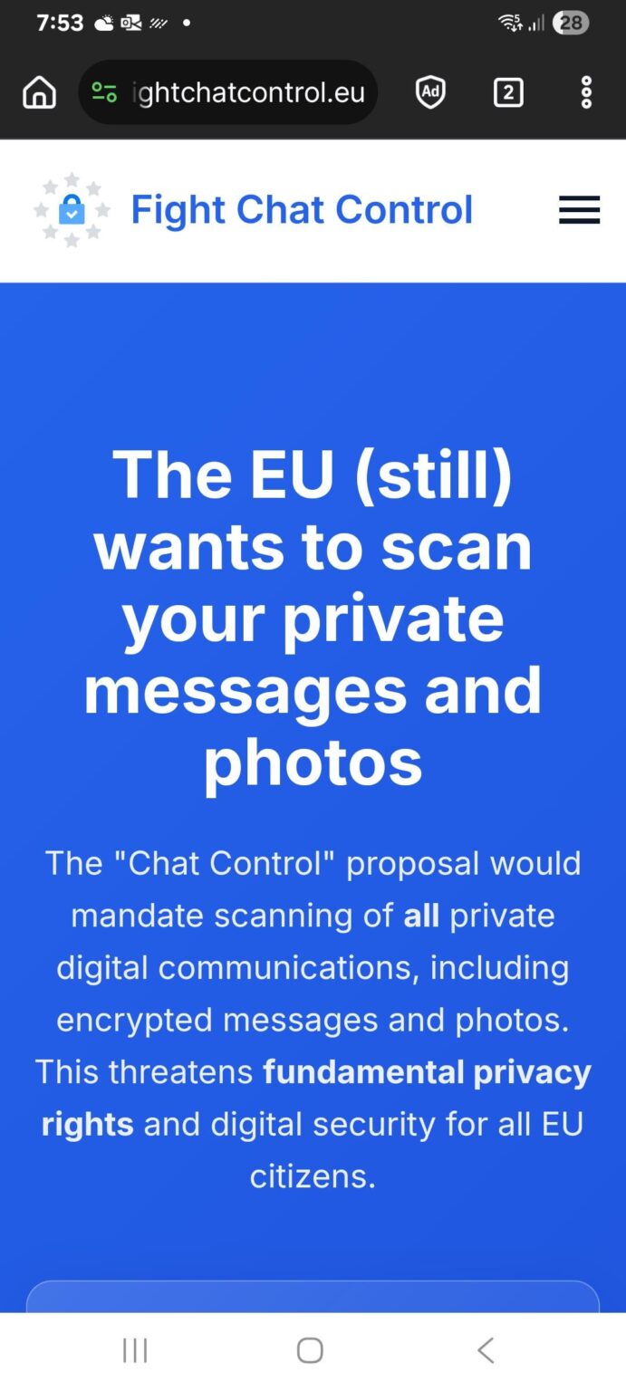 ## Fight Chat Control ist eine Website, die sich gegen die Massenüberwachung widersetzt. ## Wir haben die Macht, dies zu stoppen. Wenden Sie sich jetzt mit einer klaren Nachricht an Ihre Abgeordneten: Nein zur Massenüberwachung. Ihre Stimme ist wichtig. Lassen Sie es heute gehört.