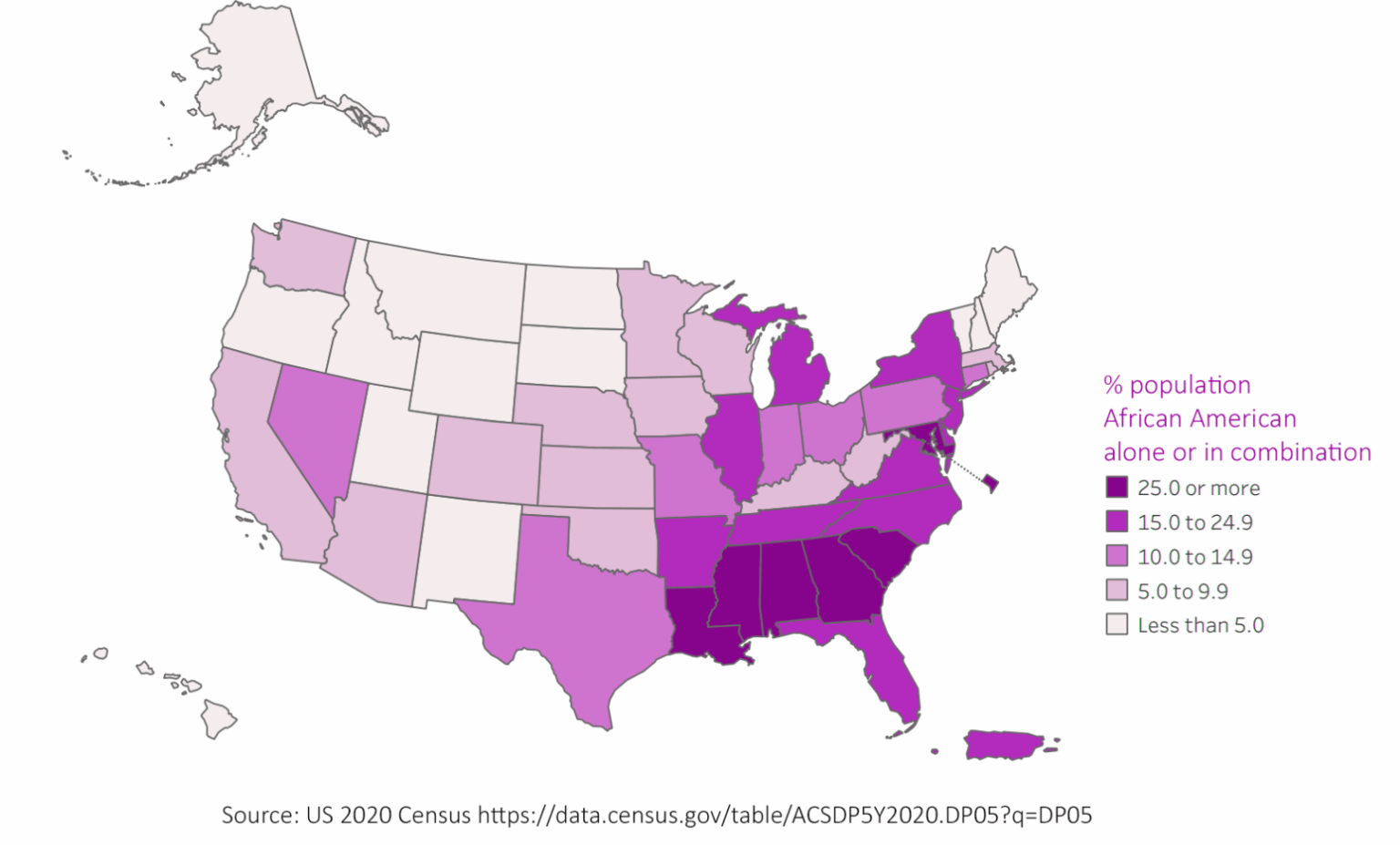 [OC] Prozentuale Bevölkerung Afroamerikaner allein oder in Kombination nach Staat