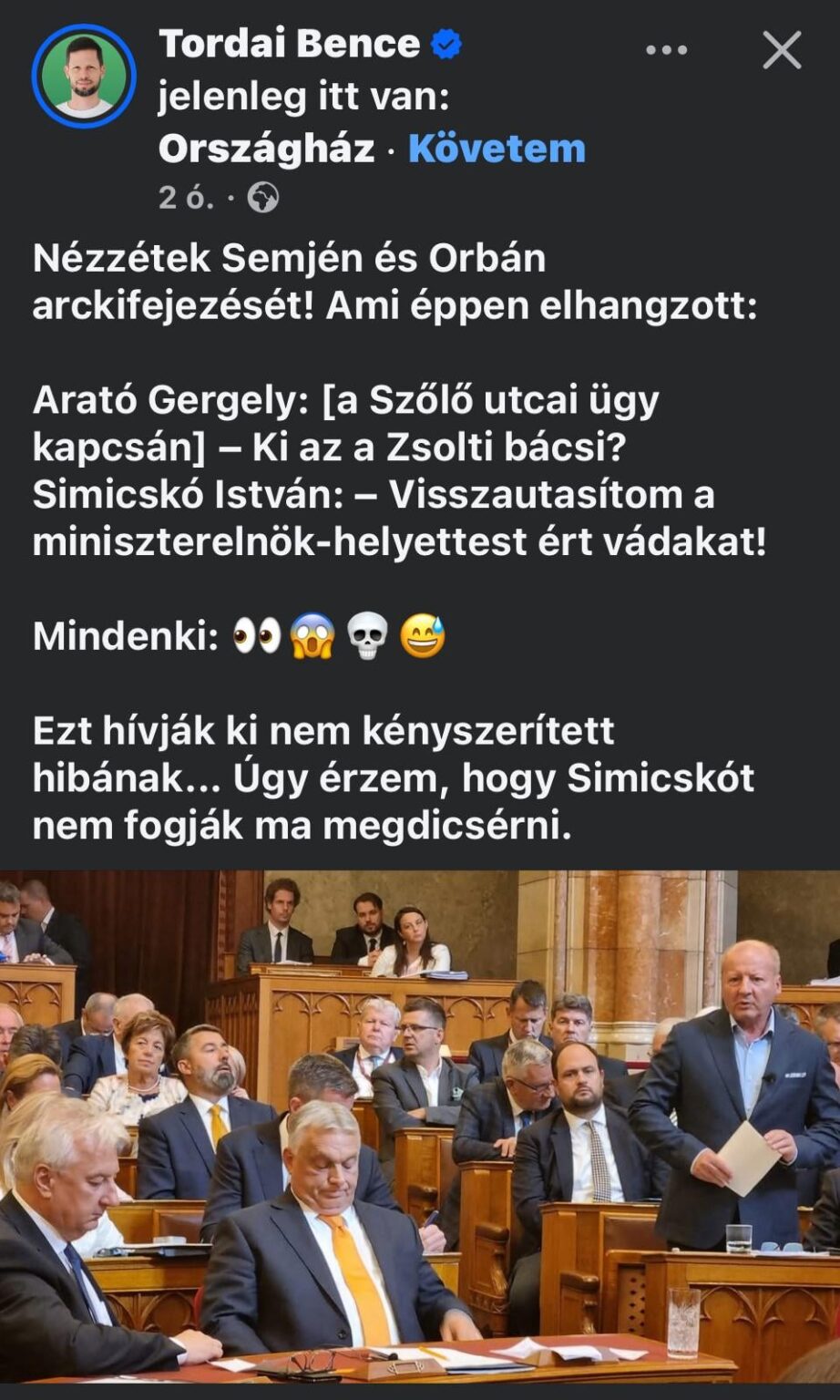 Bence Tordai im Parlament heute, bevor ZSt Semjén sprach und sich weigerte, zu beschuldigen