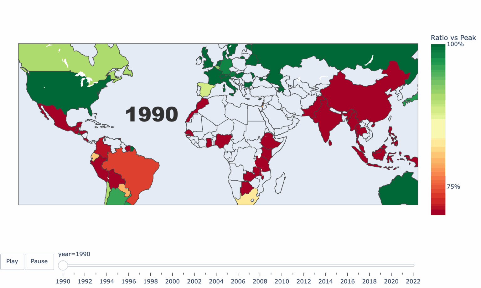 [OC] Der Aufstieg und Fall der Herstellung von Arbeitsplätzen auf der ganzen Welt (1990–2022)