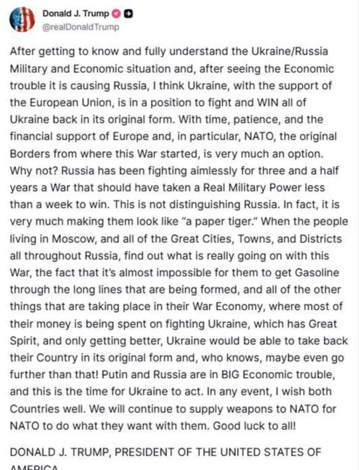 Trumps Post über die Unterstützung der Ukraine kann den Krieg gewinnen Trumps Post über die Unterstützung der Ukraine kann den Krieg gewinnen