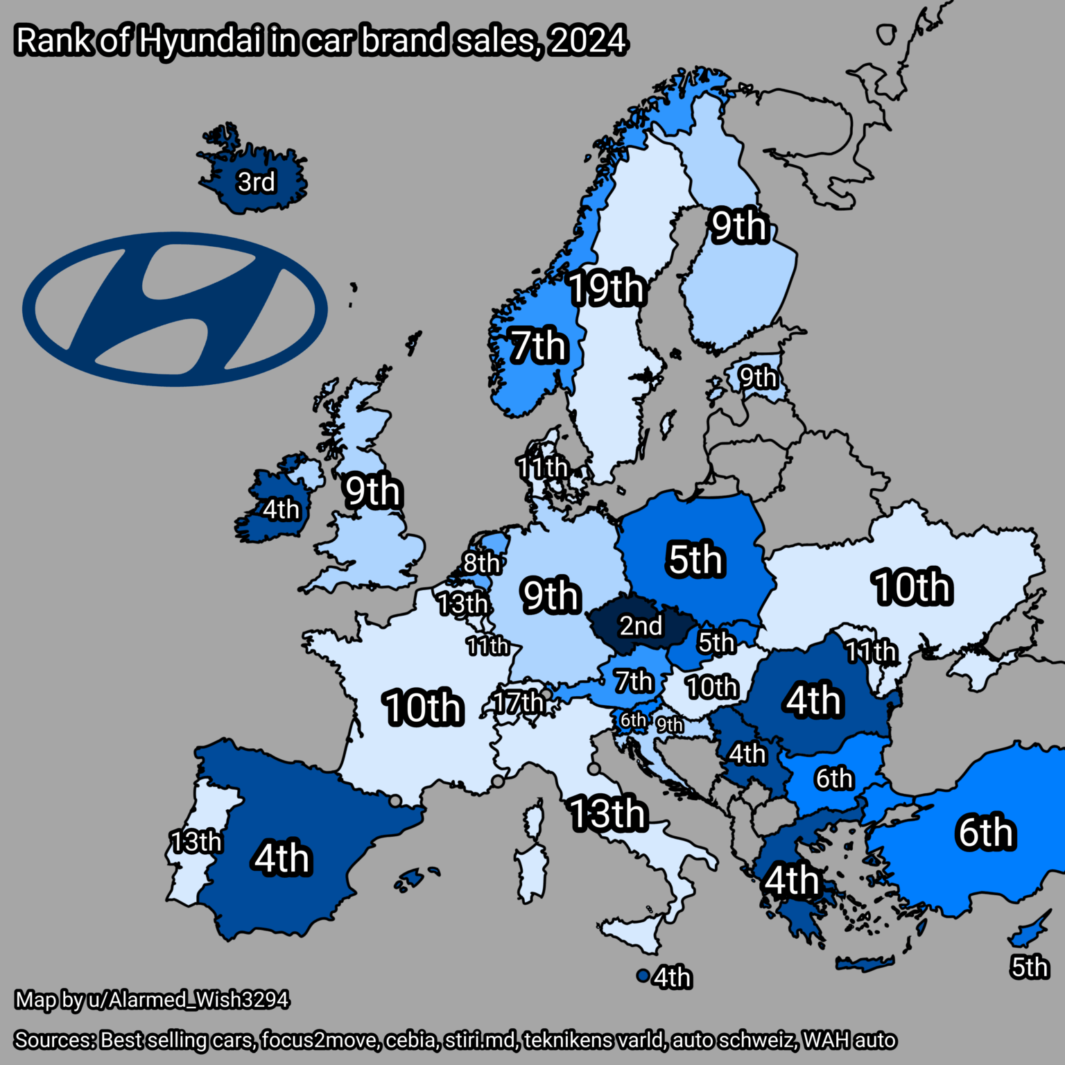 Rang von Hyundai im Verkauf von Autos, 2024, 2024 [OC]