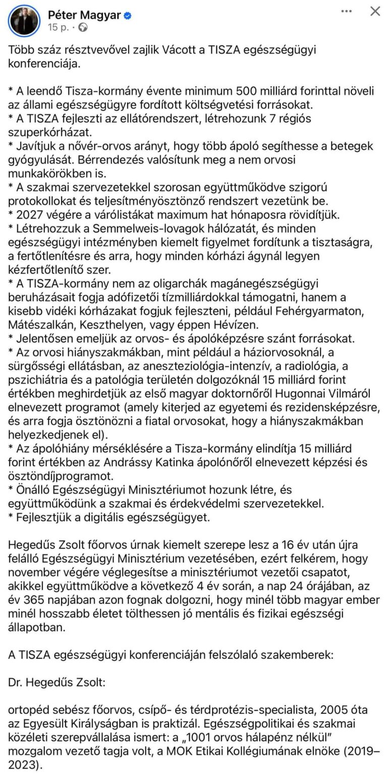 Péter Magyar: "Die Tisza Health Conference findet mit Hunderten von Teilnehmern statt."