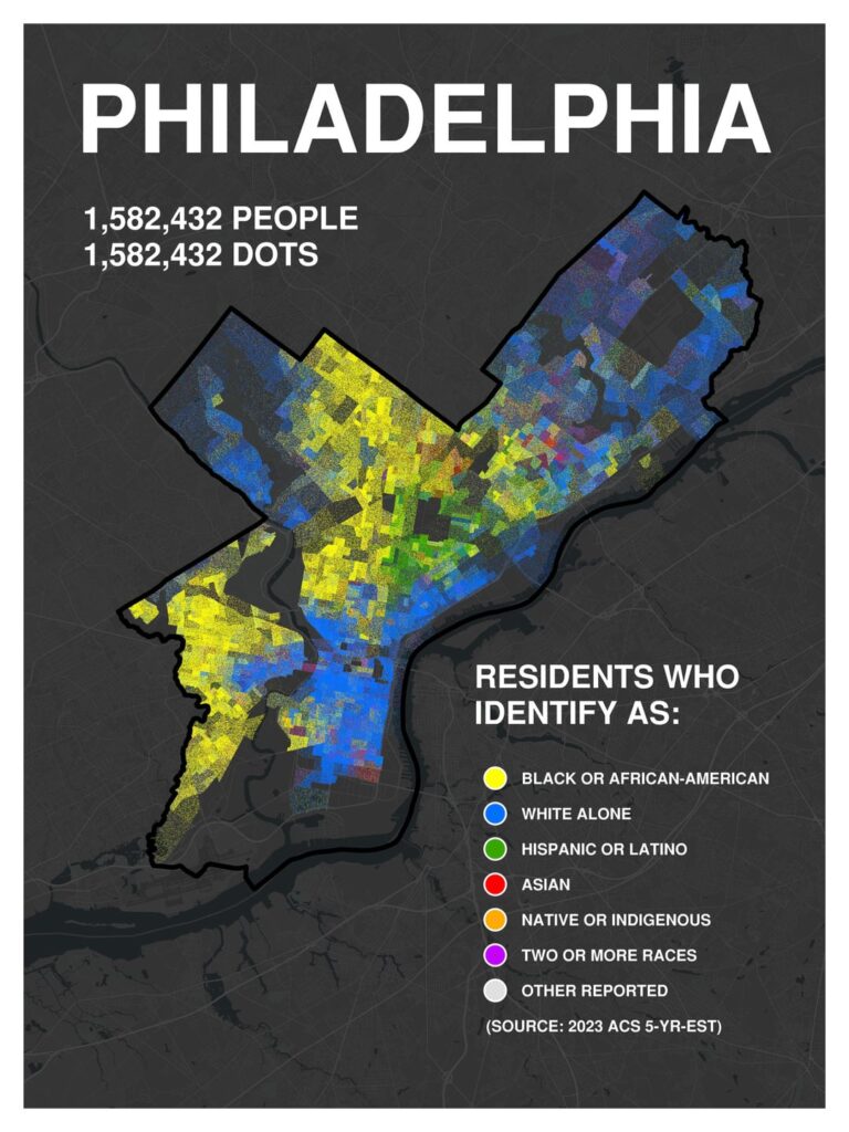 Die rassische Demografie von Philadelphia wird als Punkt für jeden Einwohner dargestellt