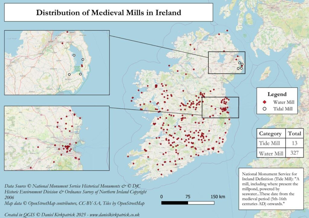 [OC] Verteilung mittelalterlichen Mühlen in Irland