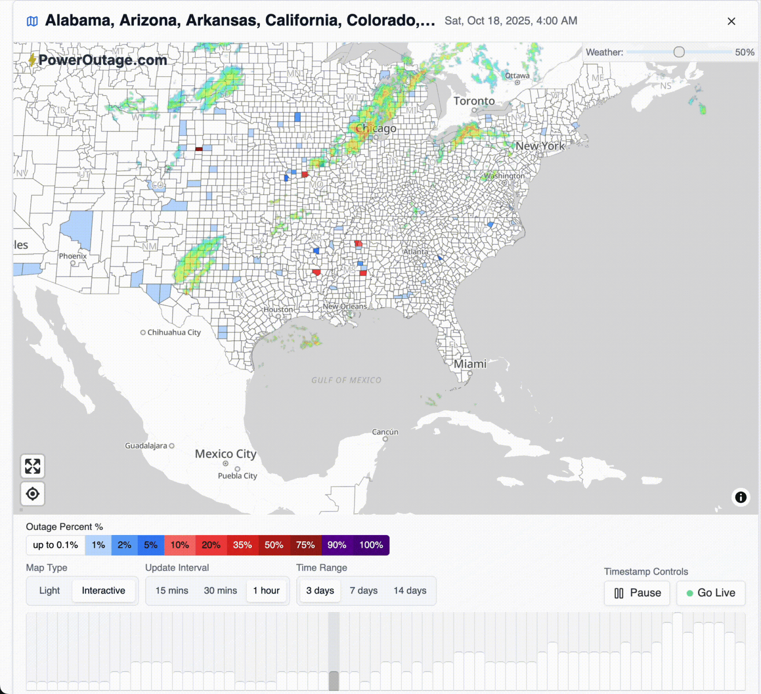 [OC] Ausfälle in den letzten 36 Stunden im Nahen Osten der USA, mit Wetterradar-Overlay