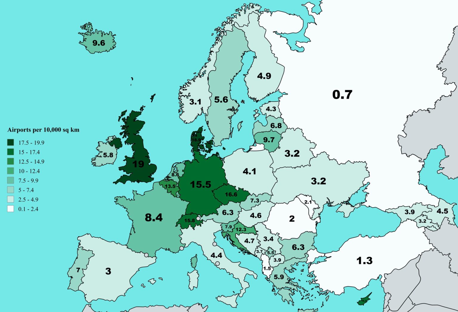 Anzahl der Flughäfen pro 10.000 km² in jedem europäischen Land [OC]