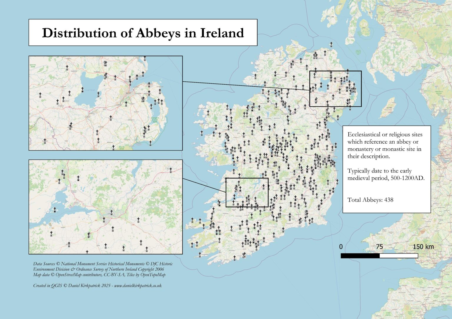 [OC] Verteilung mittelalterlicher Abteien in Irland