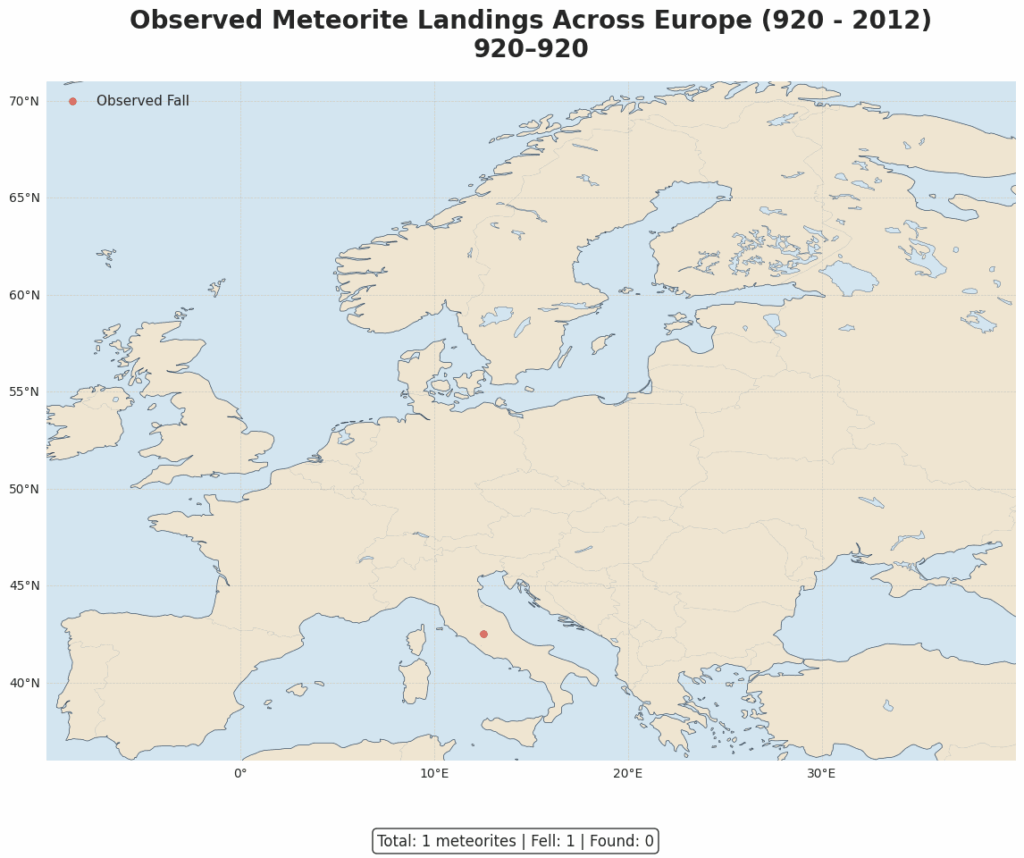 [OC] 💫 Beobachtete Meteoritenlandungen in ganz Europa (920 - 2010)