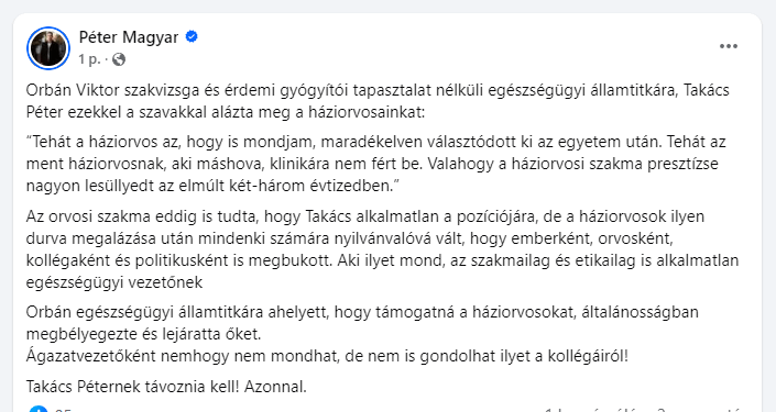 Péter Magyar nannte Péter Takács (Außenminister für Gesundheit) für sofortige Abreise