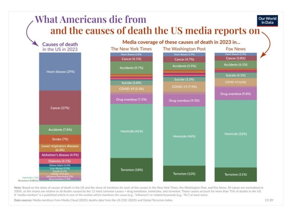 Die Medien berichten zu wenig über Todesfälle durch Gesundheitskrankheiten und übertreiben das Ausmaß der Todesfälle durch Terrorismus maßlos. Die Medien berichten zu wenig über Todesfälle durch Gesundheitskrankheiten und übertreiben das Ausmaß der Todesfälle durch Terrorismus maßlos.