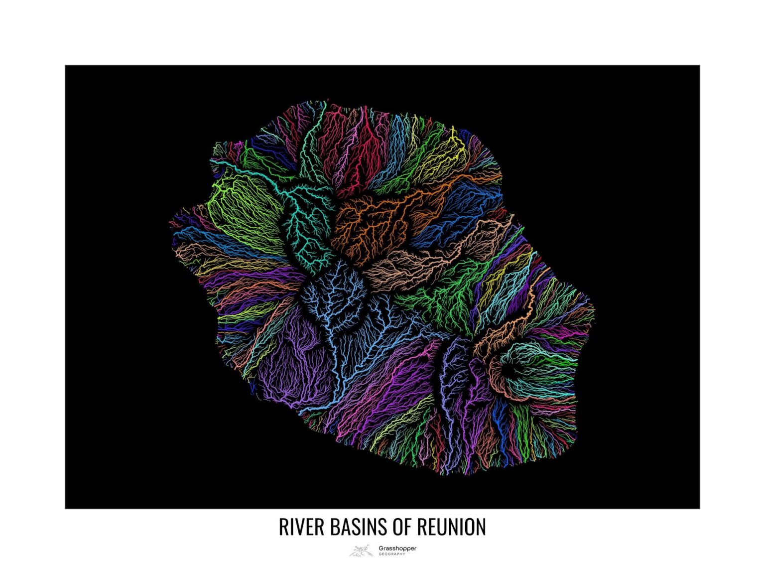 Flussgebietskarte von Réunion, auch bekannt als „The Rainbow Potato“. [OC]