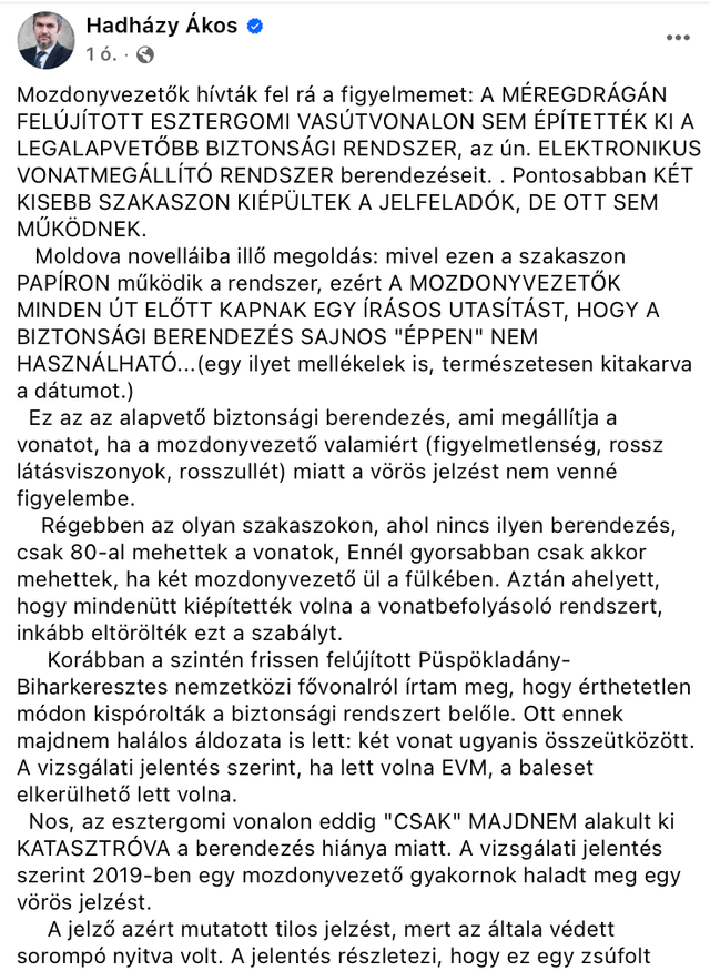 Die Situation auf der renovierten Esztergom -Eisenbahnlinie - Ákos Hadházy FB