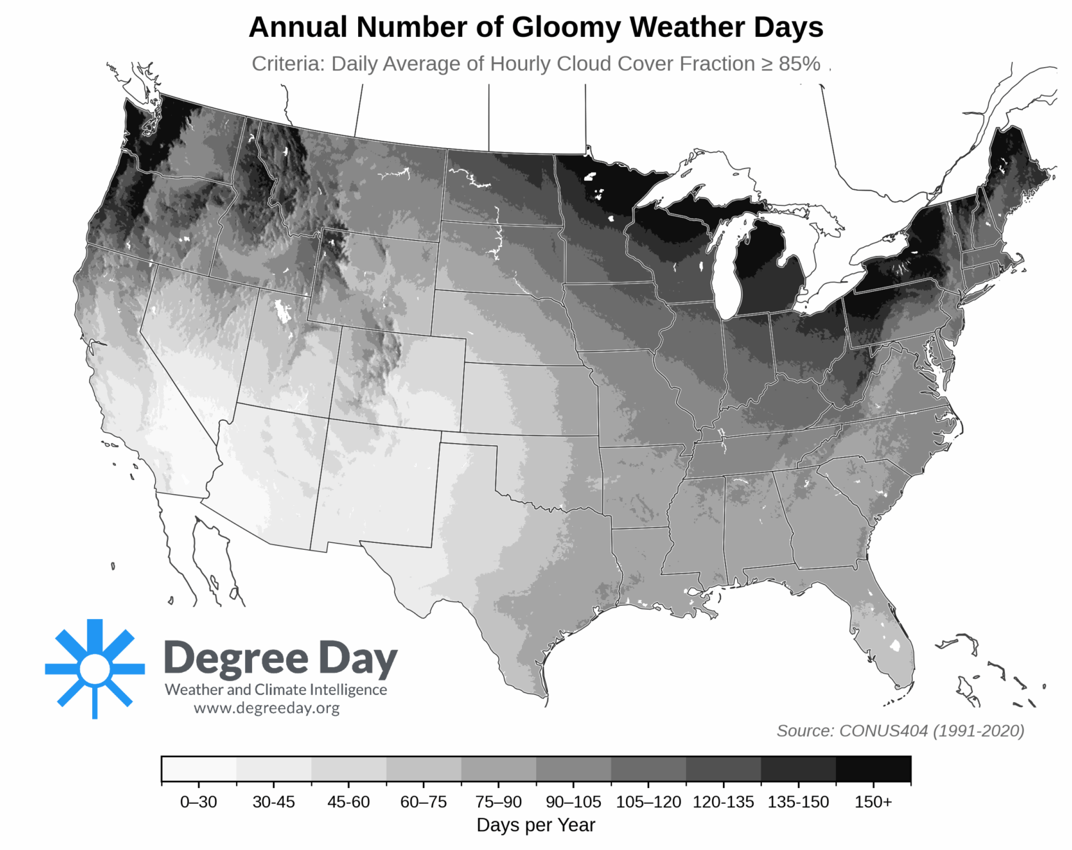 [OC] Die Geographie der Dunkelheit: Typische Anzahl der trüben Tage pro Jahr in den kontinentalen US