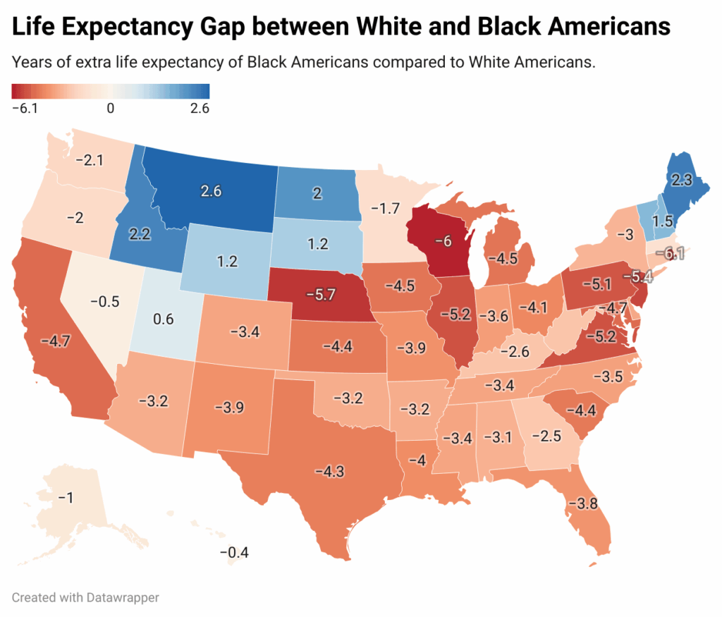 [OC] Lebenserwartung Lücke zwischen weißen und schwarzen Amerikanern