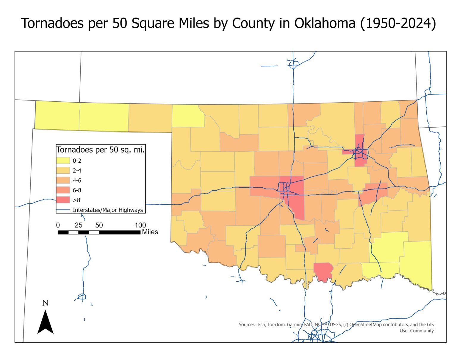 [OC] Tornados pro 50 Quadratmeilen in der Grafschaft in Oklahoma (1950-2024)