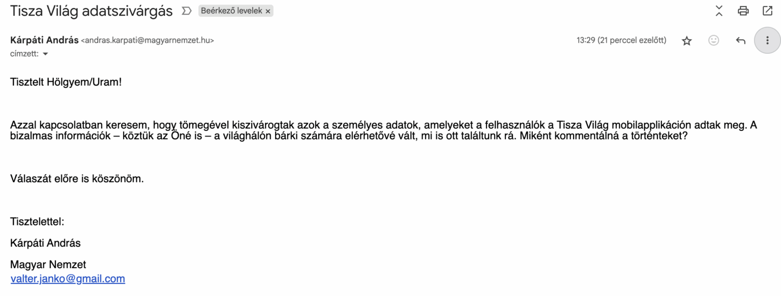 Die ungarische Nation hat das Tisza World „Leak“ kontaktiert Die ungarische Nation hat das Tisza World "Leak" kontaktiert