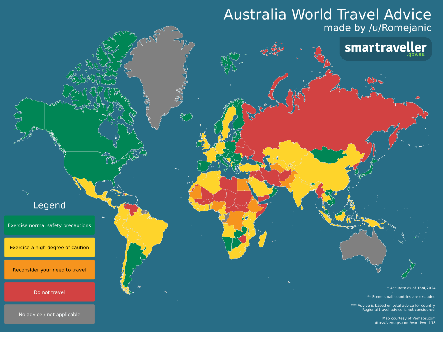 [OC] Australian Travel Rating's World Map