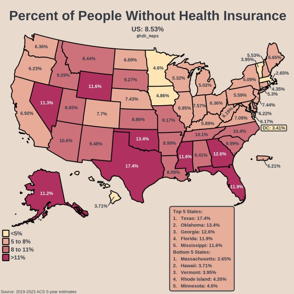 [OC] Prozentsatz der Menschen ohne Krankenversicherung in den USA