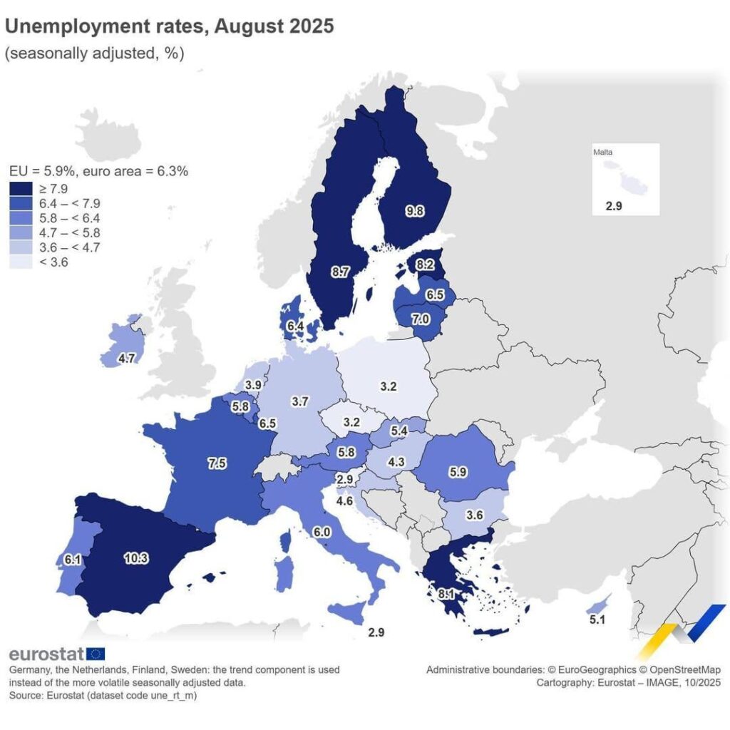 EU -Arbeitslosenquoten für August 2025.