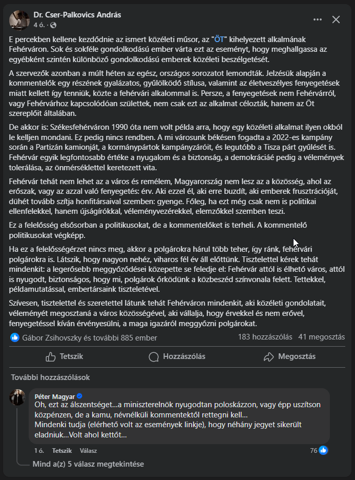 Der Bürgermeister von Székesfehérvár zum Rücktritt von András-Öt-Tourn.